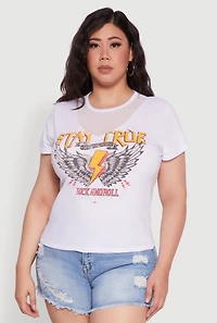 Womens Plus Size Rock And Roll Graphic Mesh Detail T-Shirt, White, Size 1X