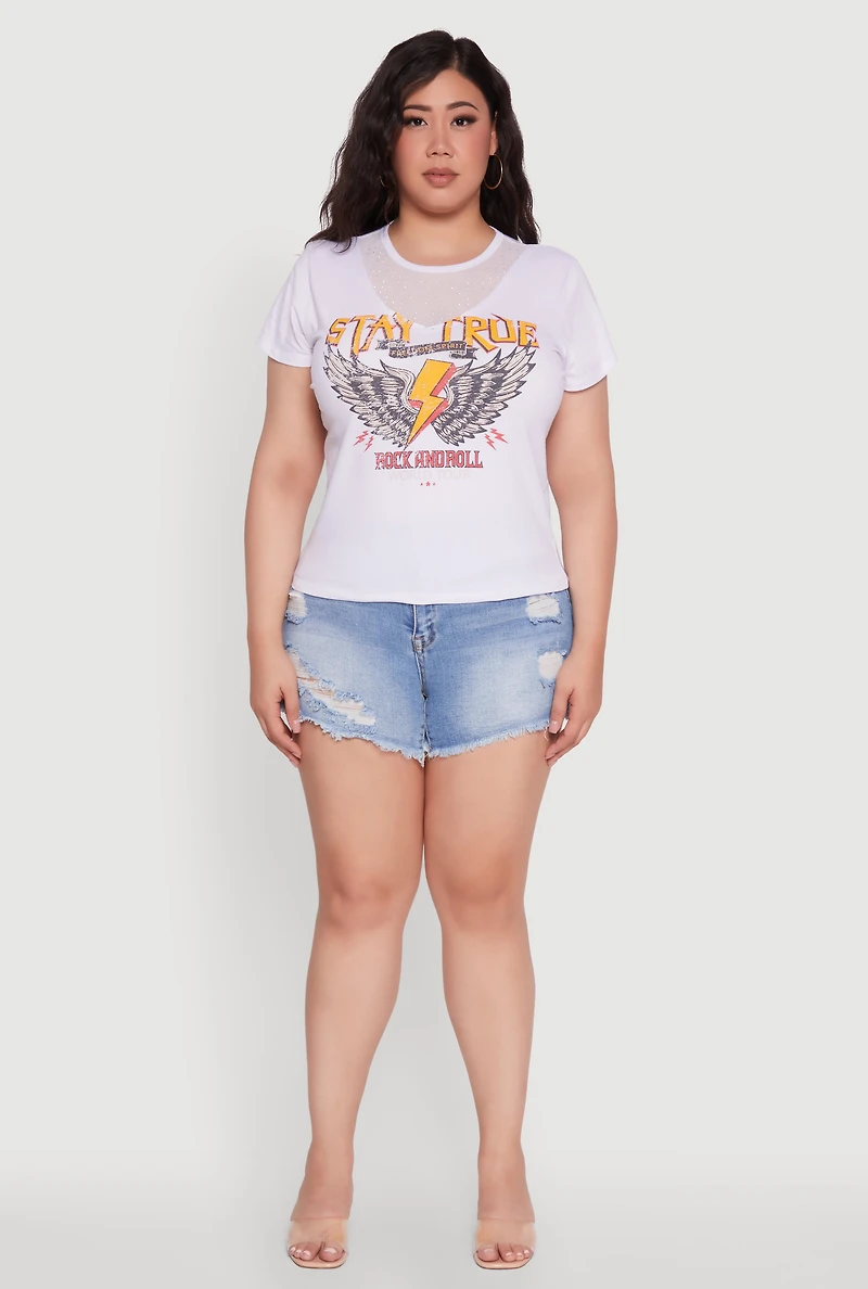 Womens Plus Size Rock And Roll Graphic Mesh Detail T-Shirt, White, Size 1X