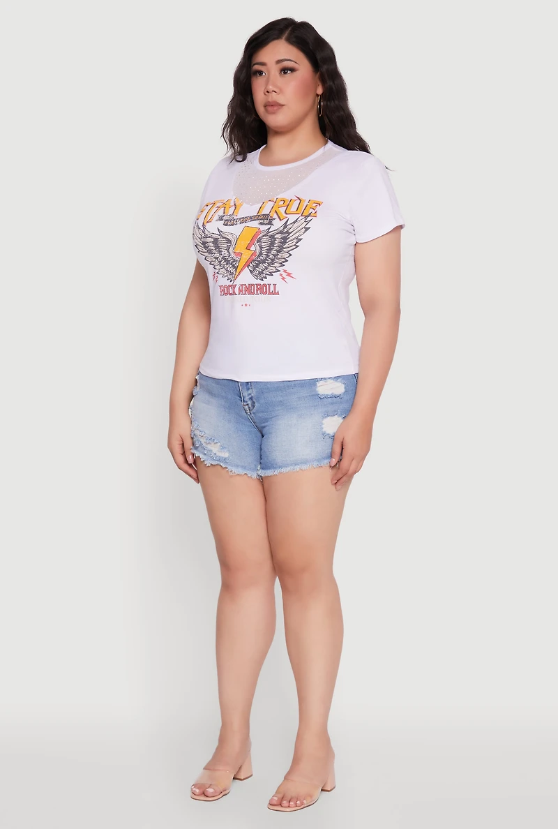 Womens Plus Size Rock And Roll Graphic Mesh Detail T-Shirt, White, Size 1X