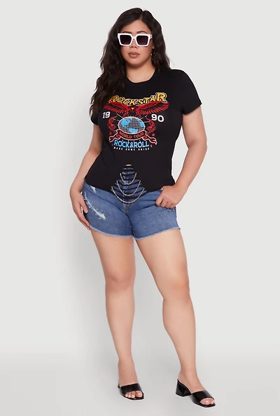 Womens Plus Size Rockstar 1990 Graphic Tee with Chain Detail, Black, Size 2X
