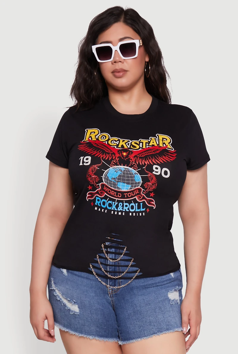 Womens Plus Size Rockstar 1990 Graphic Tee with Chain Detail, Black, Size 2X