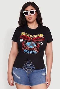 Womens Plus Rockstar 1990 Graphic Tee with Chain Detail, Black,