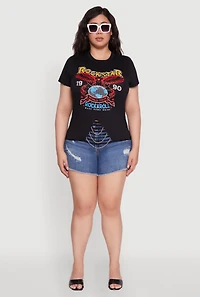 Womens Plus Size Rockstar 1990 Graphic Tee with Chain Detail, Black, Size 2X
