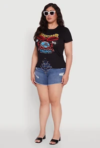 Womens Plus Size Rockstar 1990 Graphic Tee with Chain Detail, Black, Size 2X