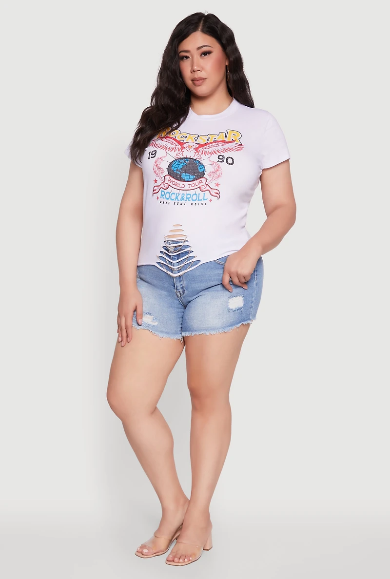 Womens Plus Size Rockstar 1990 Graphic Tee with Chain Detail, White, Size 1X