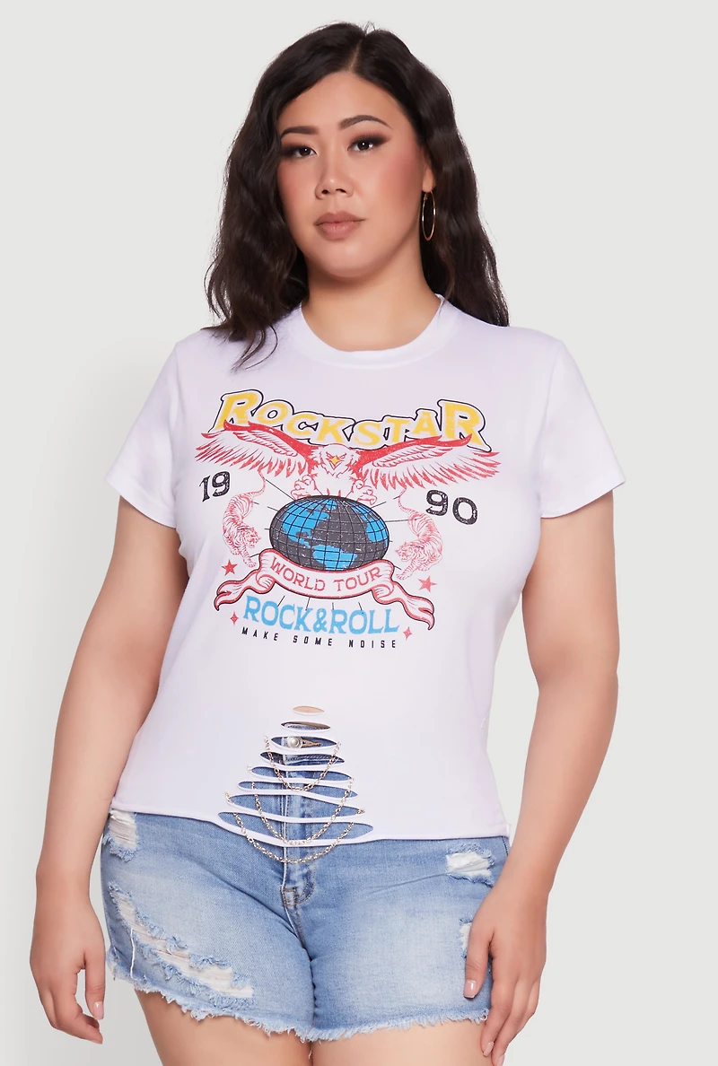 Womens Plus Rockstar 1990 Graphic Tee with Chain Detail, White,