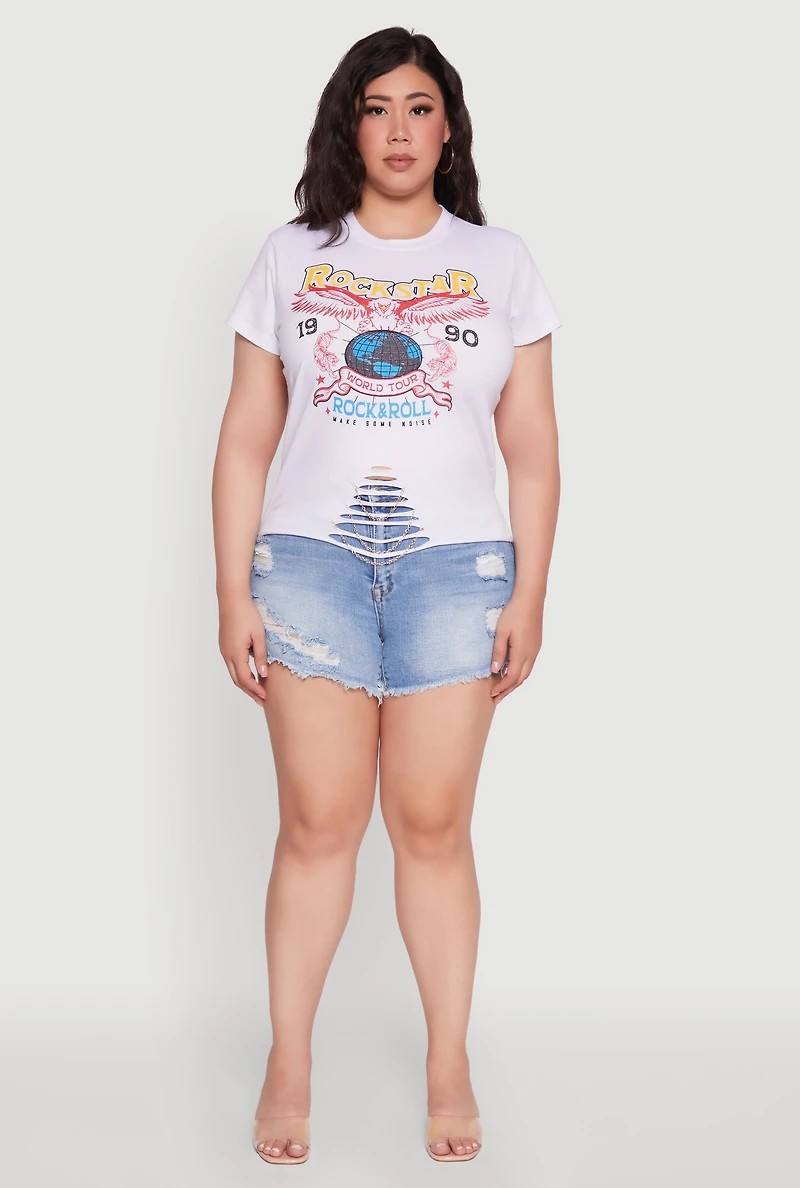 Womens Plus Rockstar 1990 Graphic Tee with Chain Detail, White,