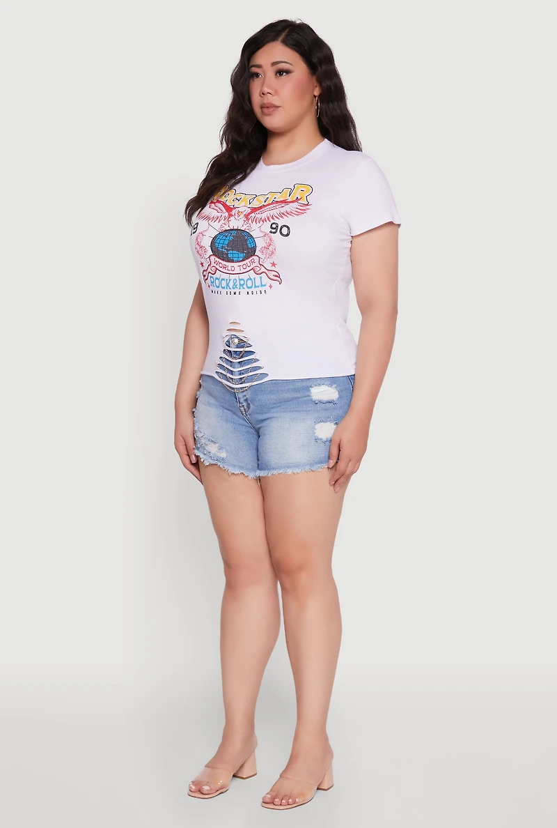 Womens Plus Rockstar 1990 Graphic Tee with Chain Detail, White,