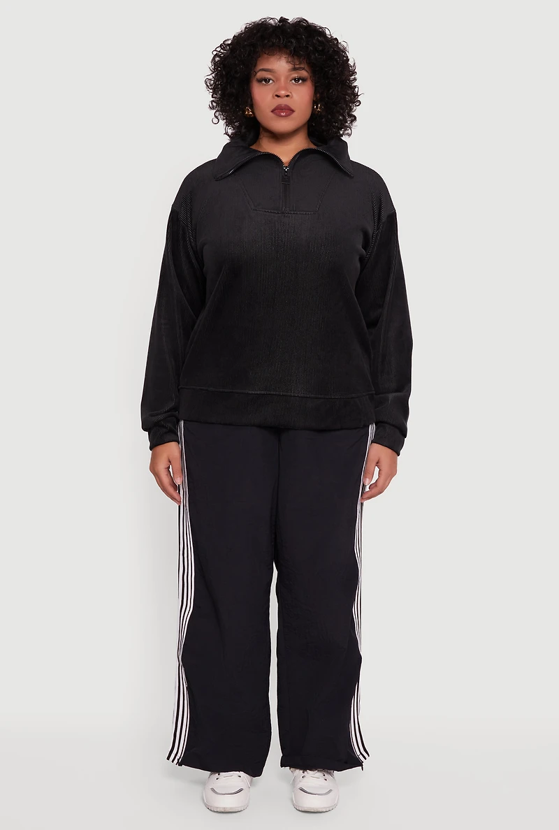 Womens Plus Size Fleece Lined Half Zip Corduroy Sweatshirt, Black, Size 3X