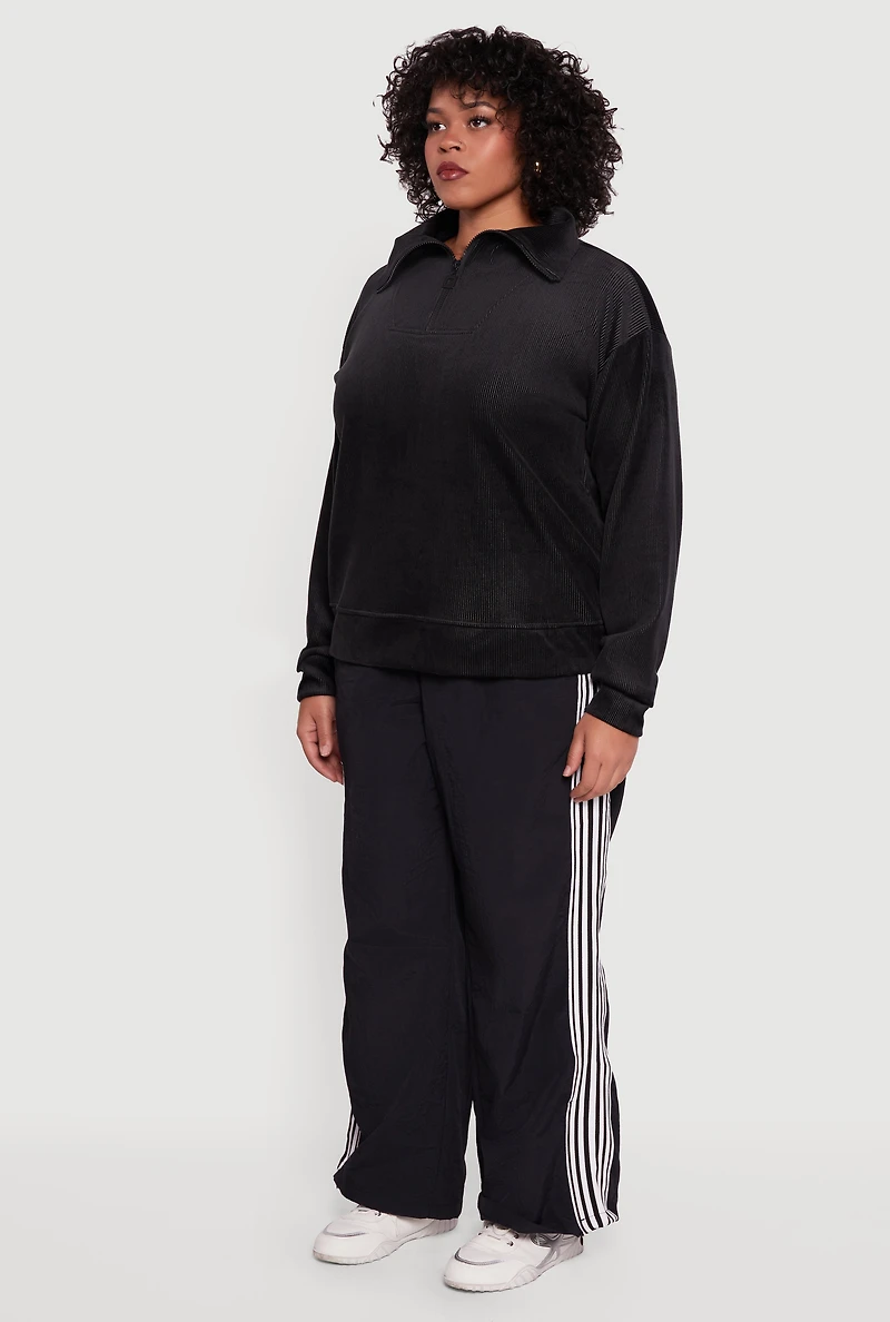 Womens Plus Size Fleece Lined Half Zip Corduroy Sweatshirt, Black, Size 3X