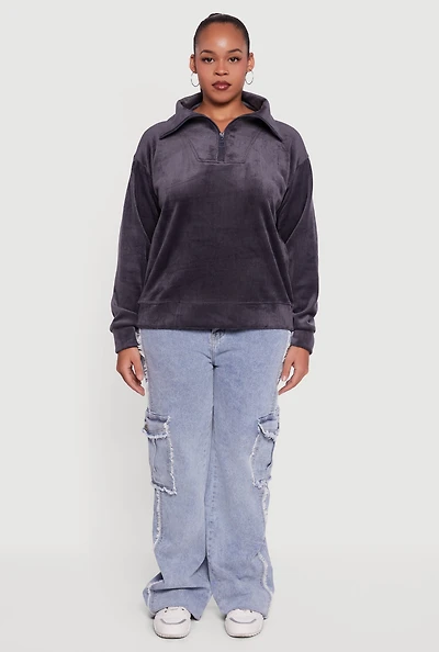 Womens Plus Fleece Lined Half Zip Corduroy Sweatshirt,