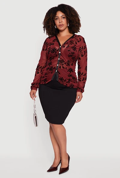 Womens Plus Velvet Burnout Floral Mesh Button Front Blouse, 3X
