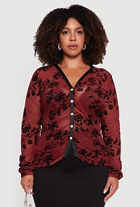 Womens Plus Size Velvet Burnout Floral Mesh Button Front Blouse, Burgundy, Size 2X