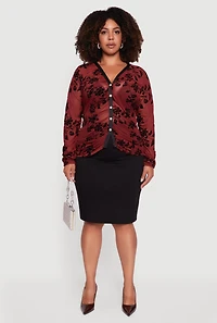 Womens Plus Size Velvet Burnout Floral Mesh Button Front Blouse, Burgundy, Size 2X