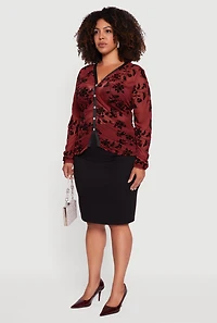 Womens Plus Size Velvet Burnout Floral Mesh Button Front Blouse, Burgundy, Size 1X