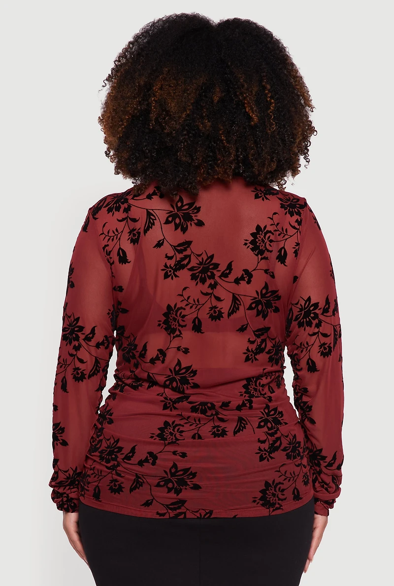 Womens Plus Size Velvet Burnout Floral Mesh Button Front Blouse, Burgundy, Size 2X