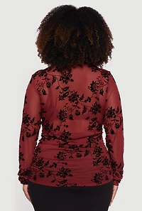 Womens Plus Size Velvet Burnout Floral Mesh Button Front Blouse, Burgundy, Size 2X
