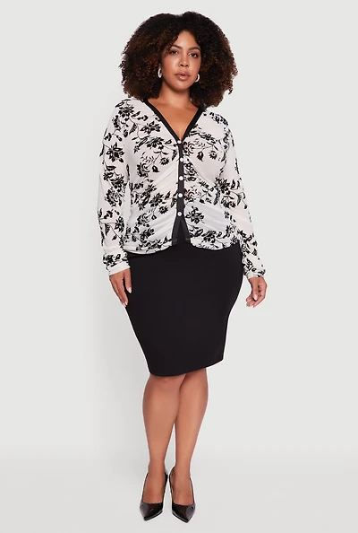 Womens Plus Velvet Burnout Floral Mesh Button Front Blouse, White,