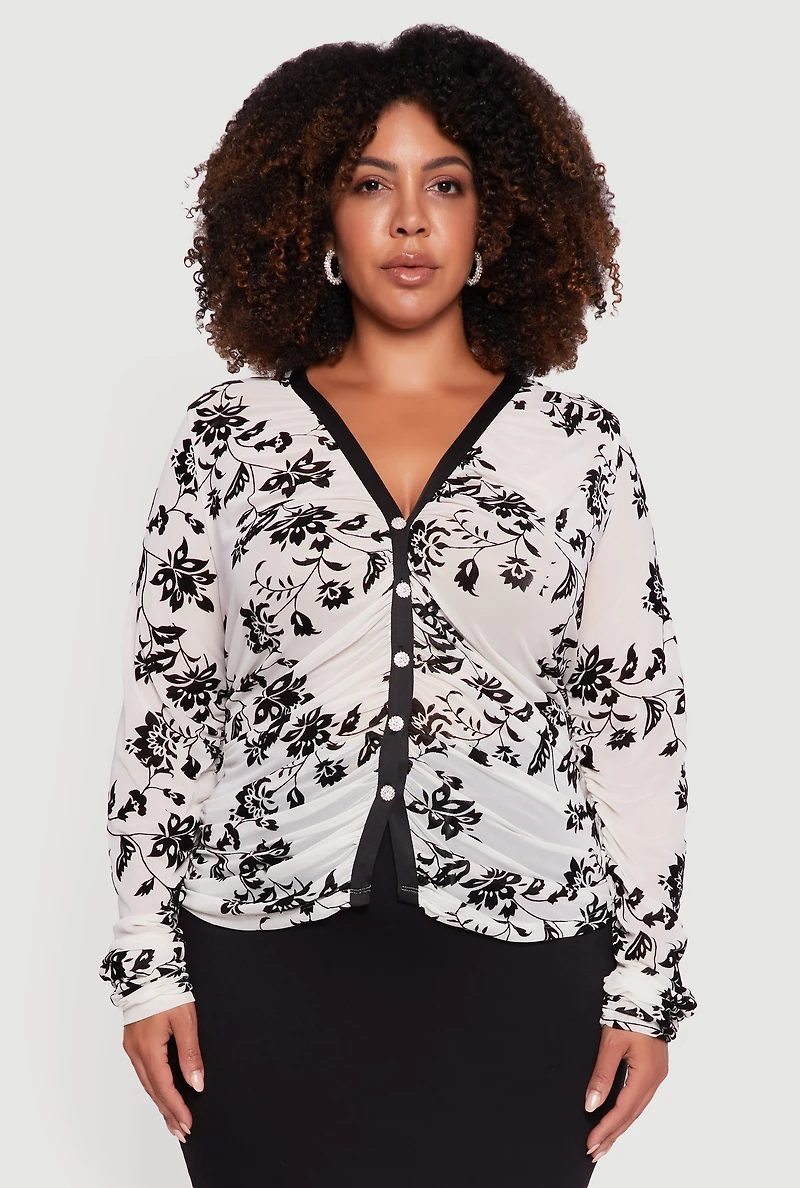 Womens Plus Size Velvet Burnout Floral Mesh Button Front Blouse, White, Size 2X