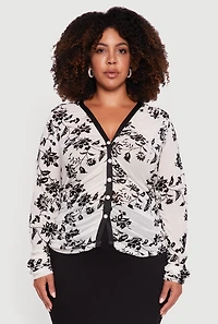 Womens Plus Size Velvet Burnout Floral Mesh Button Front Blouse, White, Size 2X