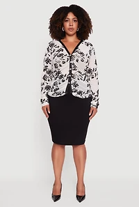 Womens Plus Size Velvet Burnout Floral Mesh Button Front Blouse, White, Size 2X