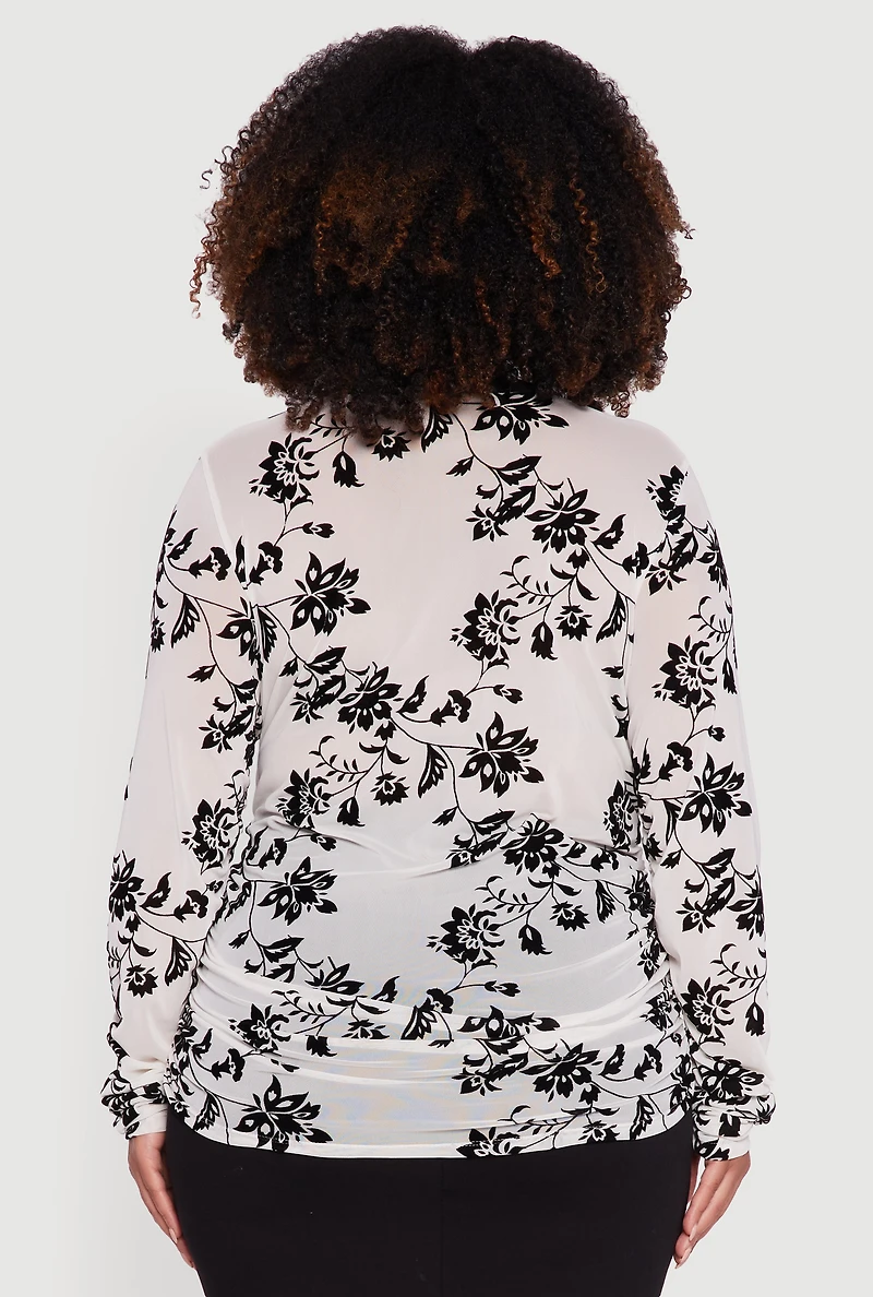 Womens Plus Size Velvet Burnout Floral Mesh Button Front Blouse, White, Size 2X