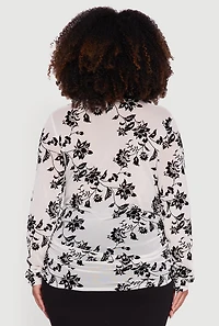 Womens Plus Size Velvet Burnout Floral Mesh Button Front Blouse, White, Size 2X