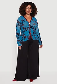 Womens Plus Size Velvet Burnout Floral Mesh Button Front Blouse, Blue, Size 1X