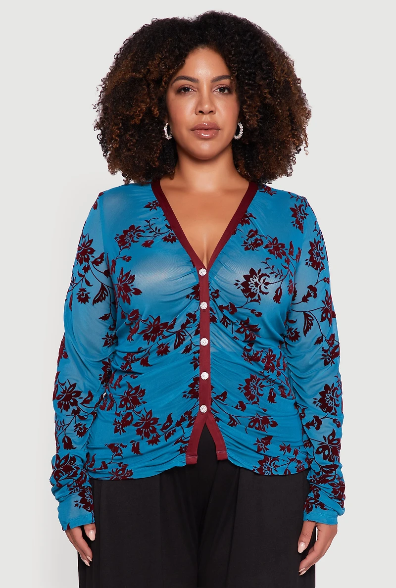 Womens Plus Size Velvet Burnout Floral Mesh Button Front Blouse, Blue, Size 1X