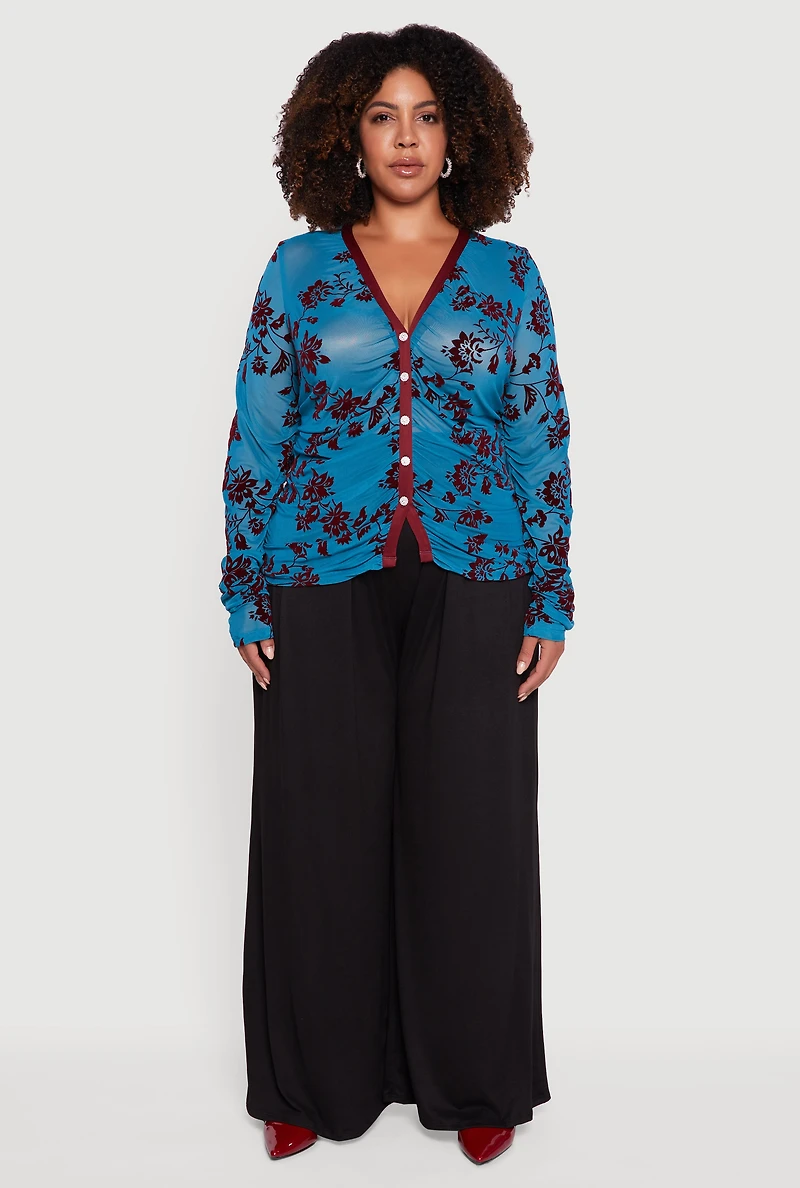 Womens Plus Size Velvet Burnout Floral Mesh Button Front Blouse, Blue, Size 1X