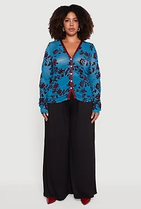 Womens Plus Size Velvet Burnout Floral Mesh Button Front Blouse, Blue, Size 1X