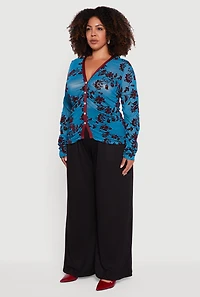 Womens Plus Size Velvet Burnout Floral Mesh Button Front Blouse, Blue, Size 1X