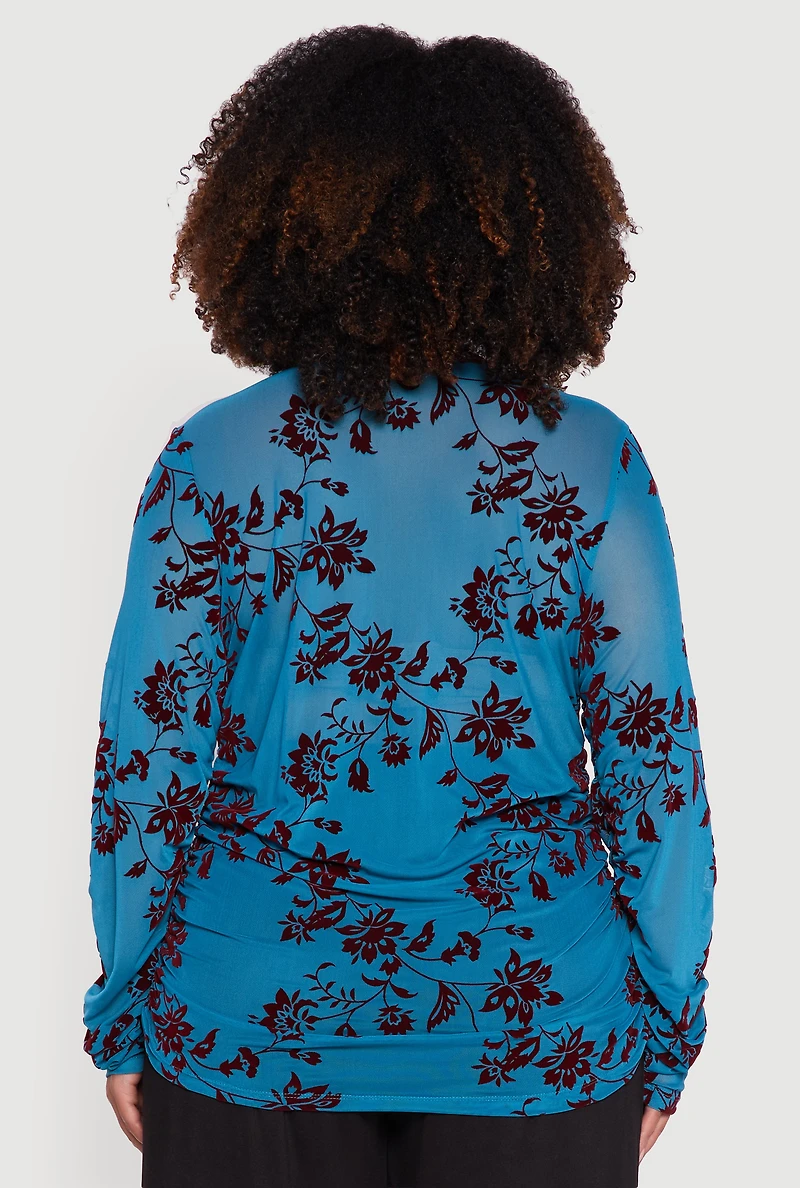 Womens Plus Size Velvet Burnout Floral Mesh Button Front Blouse, Blue, Size 1X