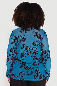 Womens Plus Size Velvet Burnout Floral Mesh Button Front Blouse, Blue, Size 1X