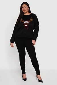 Plus Sequin Reindeer Chenille Patch Graphic Sweatshirt
