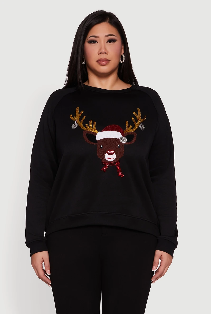 Plus Sequin Reindeer Chenille Patch Graphic Sweatshirt