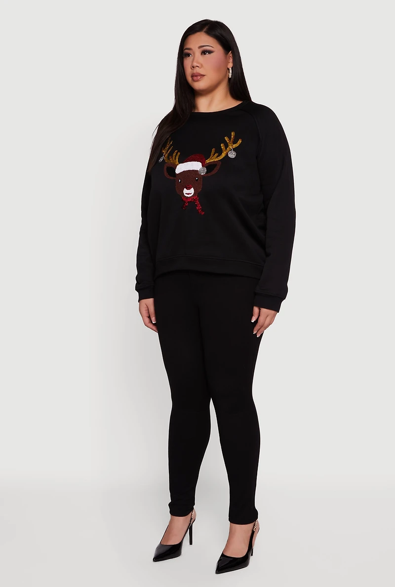 Plus Sequin Reindeer Chenille Patch Graphic Sweatshirt