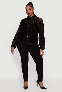Plus Long Sleeve Shirt Collar Lace Blouse