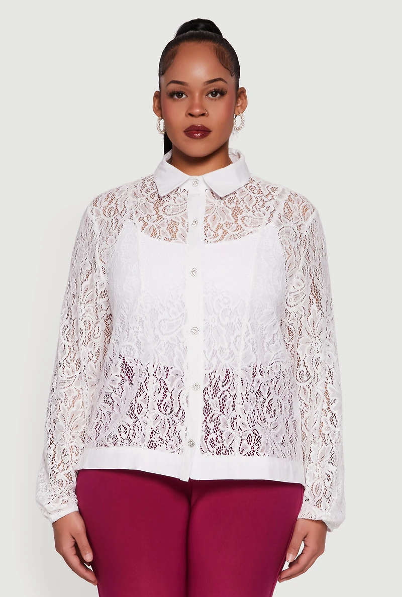 Womens Plus Size Long Sleeve Shirt Collar Lace Blouse, White, Size 3X