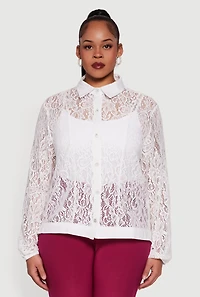 Womens Plus Size Long Sleeve Shirt Collar Lace Blouse, White, Size 3X