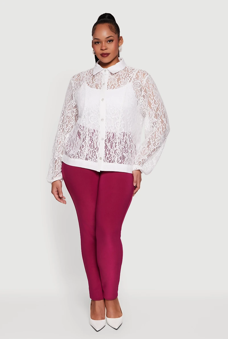 Womens Plus Size Long Sleeve Shirt Collar Lace Blouse, White, Size 3X