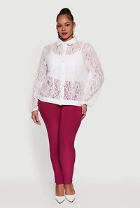 Plus Long Sleeve Shirt Collar Lace Blouse