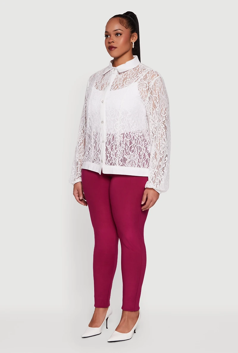 Womens Plus Size Long Sleeve Shirt Collar Lace Blouse, White, Size 3X