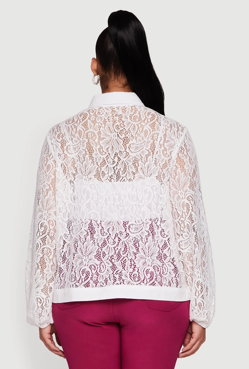Plus Long Sleeve Shirt Collar Lace Blouse