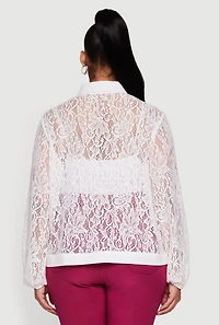 Plus Long Sleeve Shirt Collar Lace Blouse