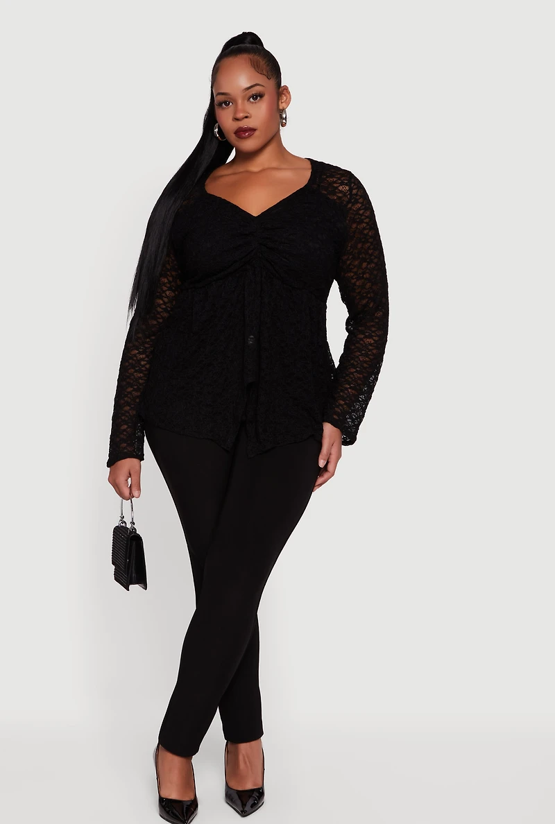 Womens Plus Size Asymmetrical Hem Rouched Front Lace Blouse, Black, Size 3X