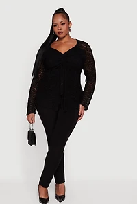 Womens Plus Size Asymmetrical Hem Rouched Front Lace Blouse, Black, Size 3X