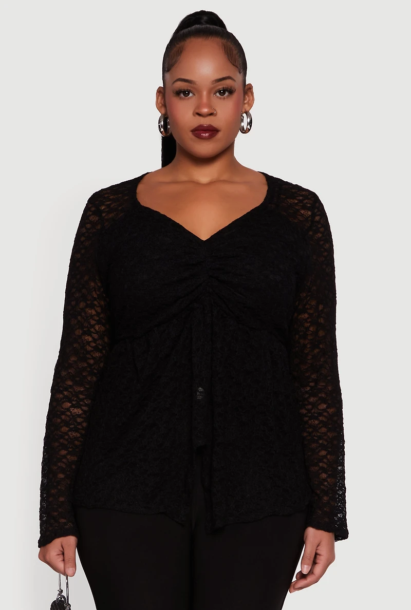 Womens Plus Size Asymmetrical Hem Rouched Front Lace Blouse, Black, Size 3X