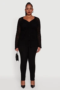 Womens Plus Size Asymmetrical Hem Rouched Front Lace Blouse, Black, Size 2X