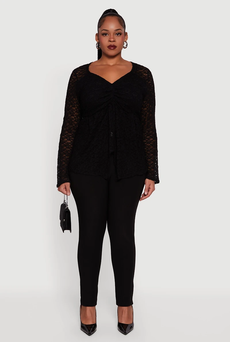 Plus Asymmetrical Hem Rouched Front Lace Blouse